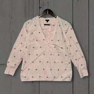 Talbots Cotton Cherry Embroidered Striped Popover Blouse Womens XS Pink White